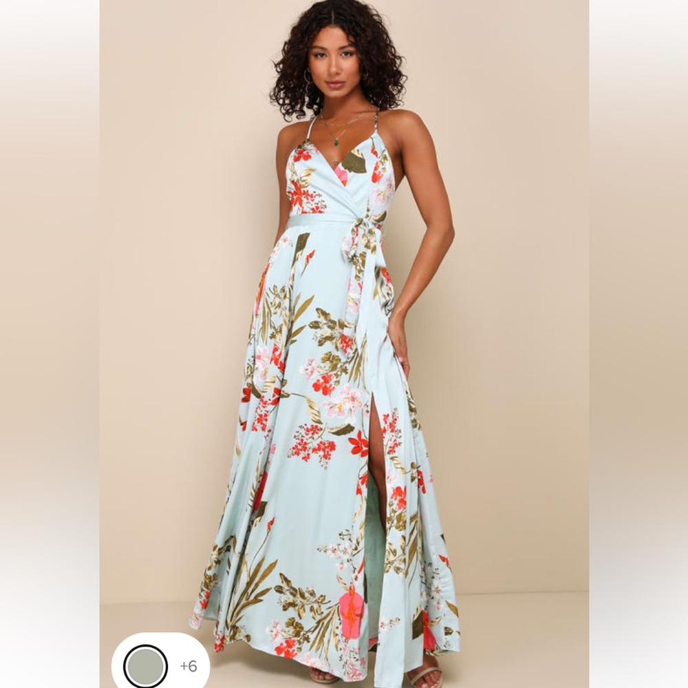 Lulu’s Still the One Sage Floral Print Satin Maxi Dress